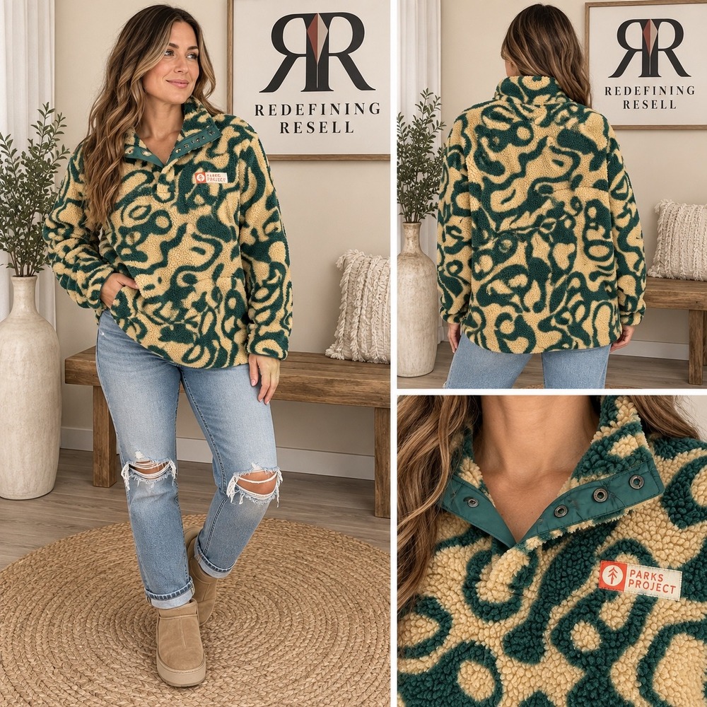Parks Project Green Tan Abstract Sherpa Fleece Snap Pullover Medium